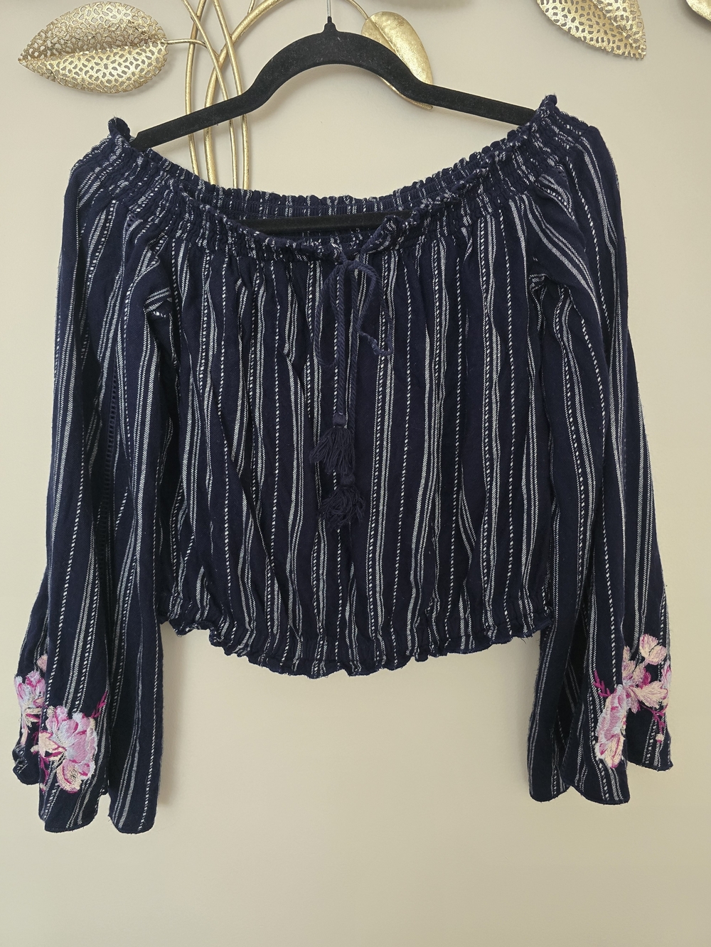 Xhilaration Navy Striped Off-Shoulder Top with Pink Floral Cuffs Size S Rayon